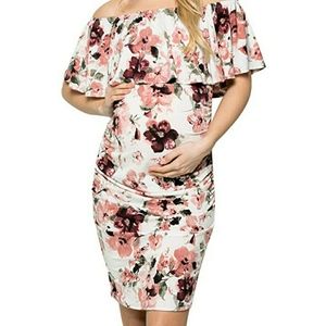 Ruffle Off-Shoulder Maternity Dress W/Side sharing